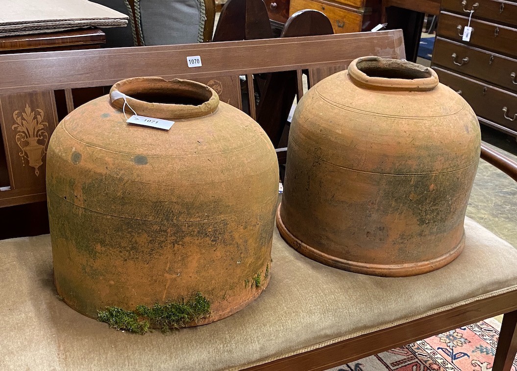 A pair of vintage terracotta rhubarb pots, diameter 41cm, height 35cm